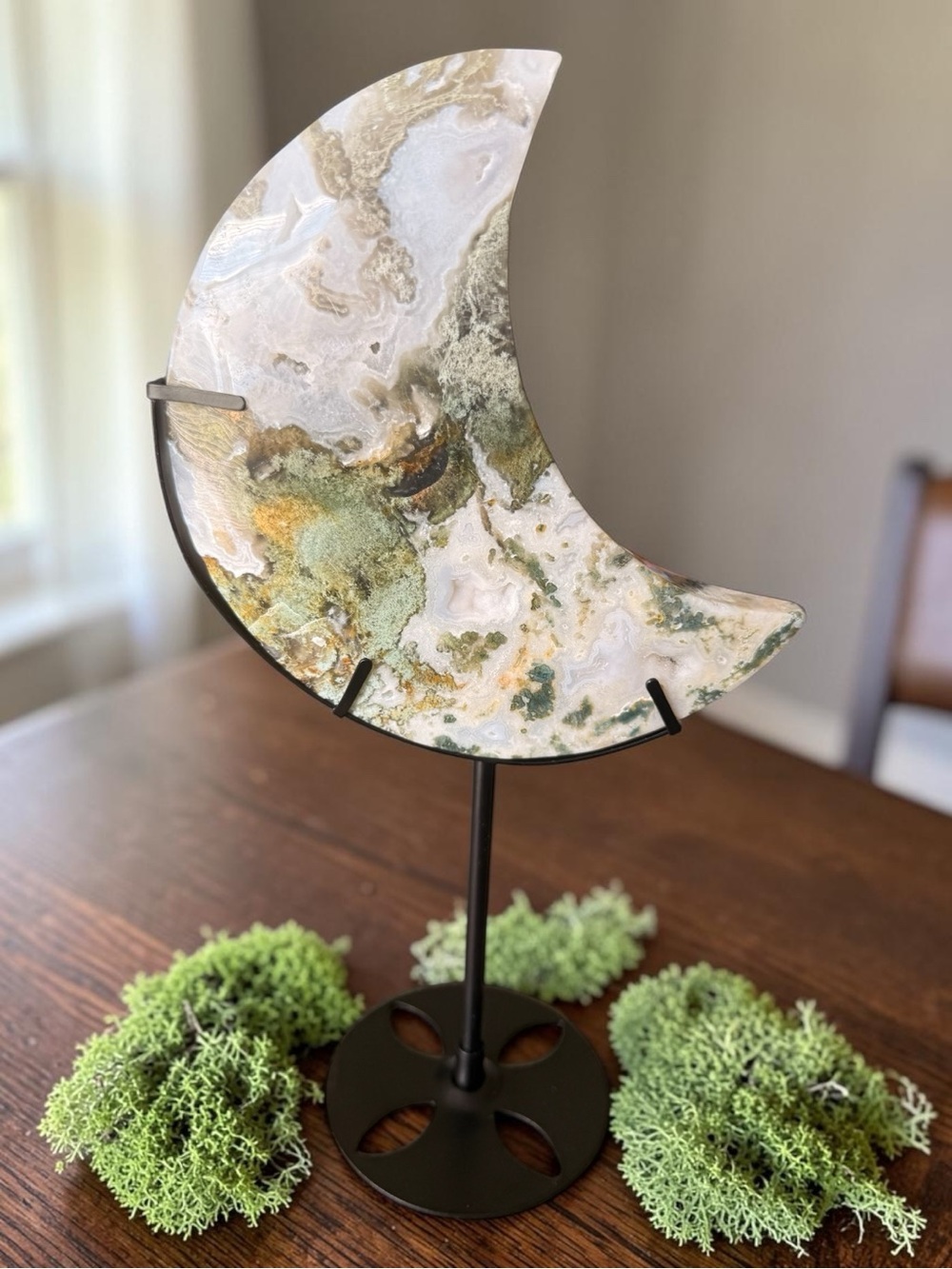 X-Large Moss Agate Crescent Moon 5.69” Length 3” Wide .88” Thick 1.09 lbs